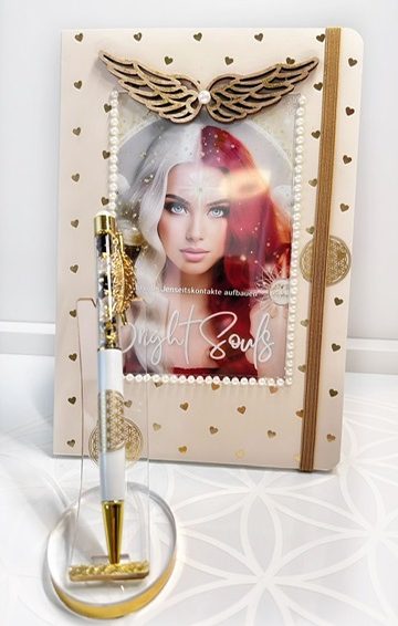 BrightSouls 3-teiligs Schreibmedium-Set - Stift, Journal & Halter für lichtvolle Jenseitskontakte