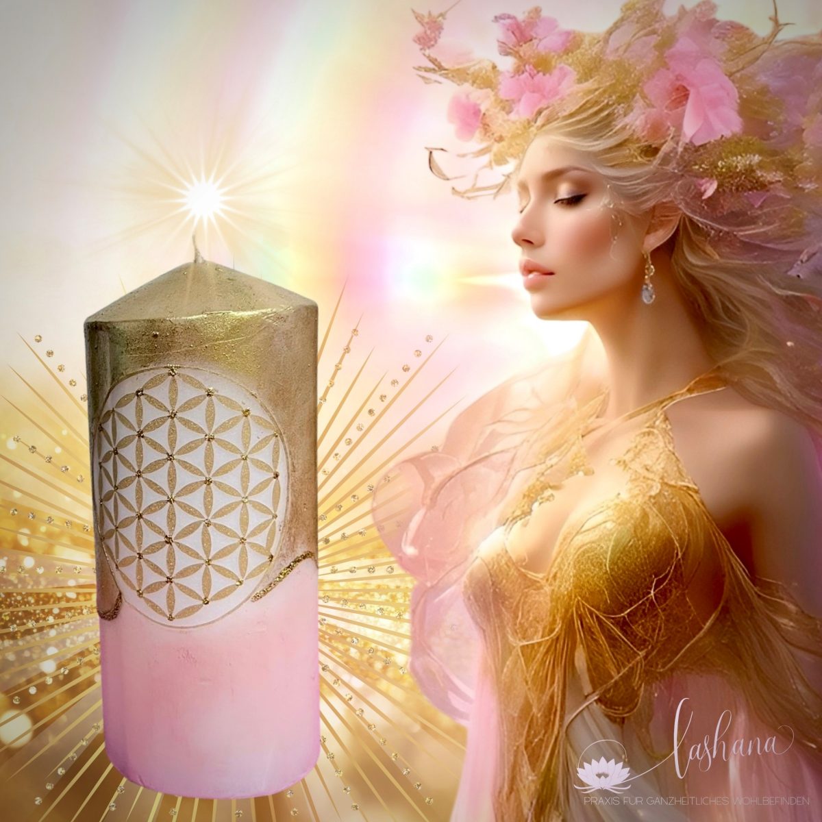 Geweihte Kerze „Flower of LIFE – Goldene Herzensfrequenz & sanftes Licht der Liebe (Rosé · Champagnergold)“