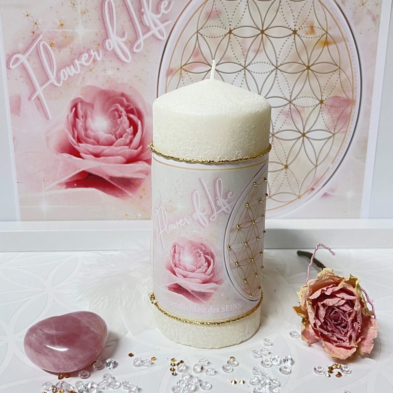 Geweihte Kerze "Verbinde Dich mit dem schützenden und universellen Licht „Flower of LIFE“- Herzenslicht (Rosa.Weiss.Gold)