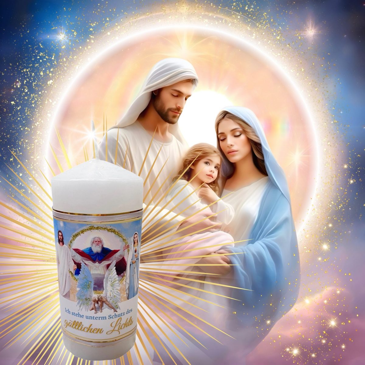 Kerze "SacredLight" – Ich stehe unterm Schutz des göttlichen Lichts Gesegnete Raumkerze der Heiligen Familie für Schutz & Lichtkraft