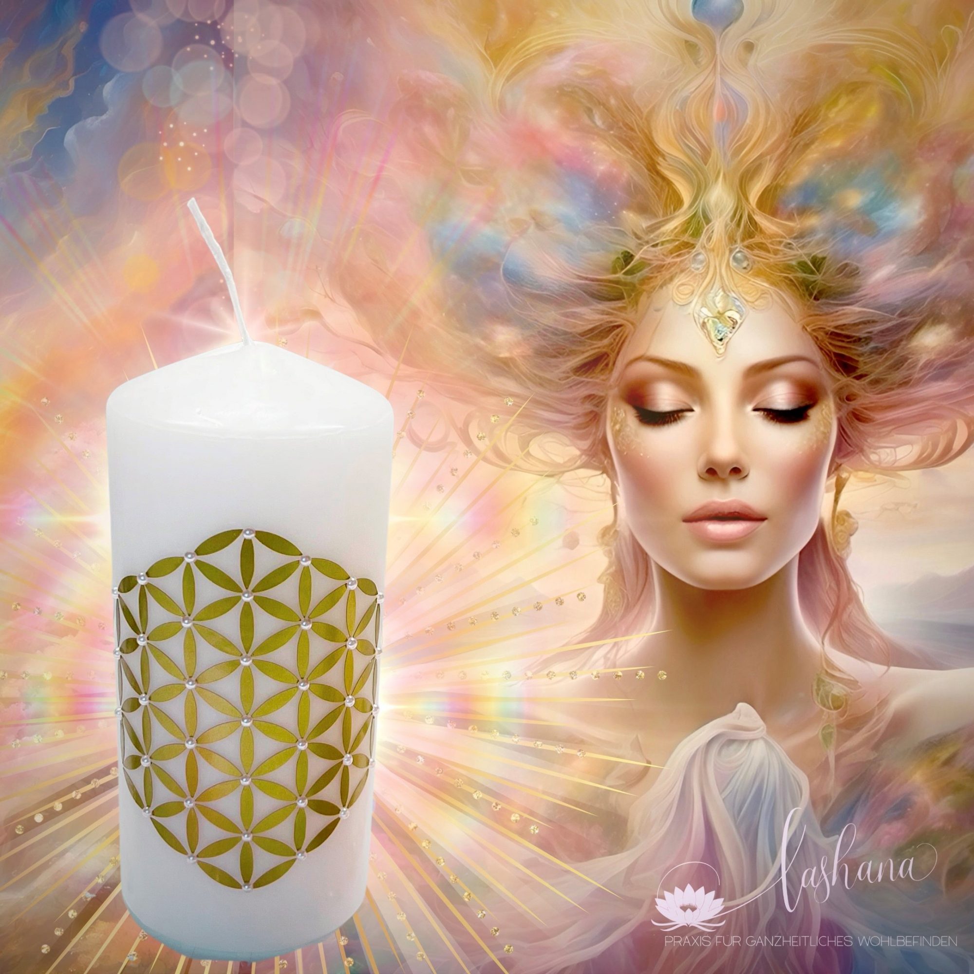 Geweihte Kerze Flower of LIFE –(Weißgold · Perlenlicht) Startbild Shop